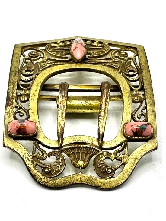 Art Nouveau Belt Buckle with Rhodonite Cabochons—Convert into Brooch or Pendant - Picture 1 of 11